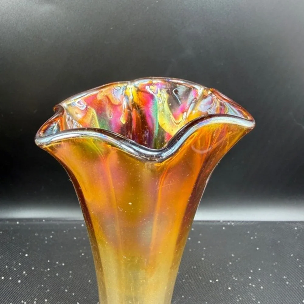 Vintage Marigold Carnival Glass‎ Iridescent Ruffled Trumpet Vase 8 Inch Sunburst